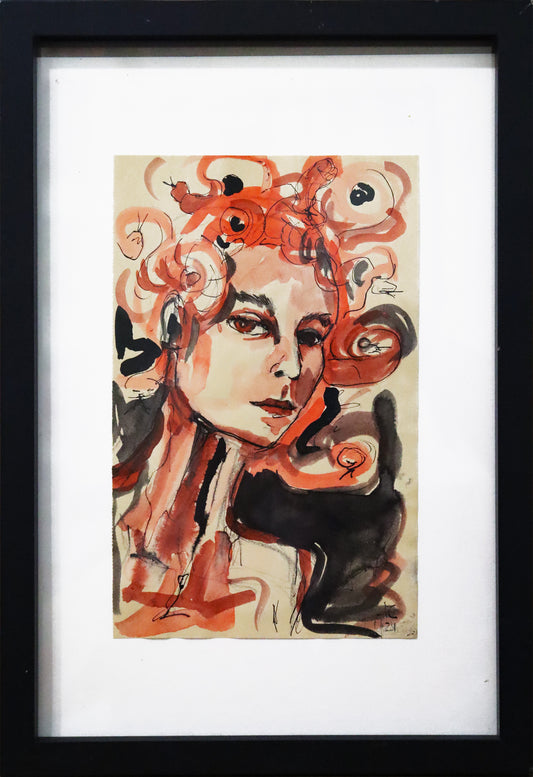 Original Mixed Media, Acryltinte, Chinatusche auf Papier, Grafik von Manja Morgenrot, Titel „Gaia“ – Porträt einer Frau Dreiviertelansicht mit lockigen roten Haaren, die sich in Formen und Farbflächen in rot und schwarz auflösen, erhältlich bei Galerie Waldbach - What The Artist Made