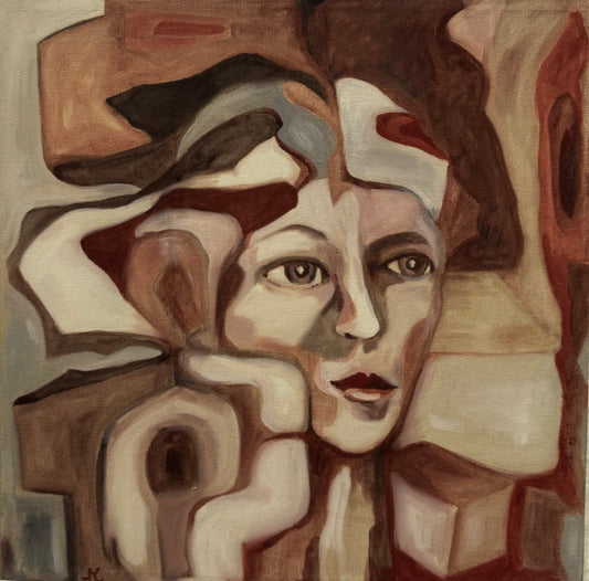 Original Öl-Malerei, Gemälde von Manja Morgenrot, Titel „Es war einmal“ – Porträt Malerei, Frau mit abstrakten Elementen, Rot, Brauntöne, Öl auf Leinwand, erhältlich bei What The Artist Made