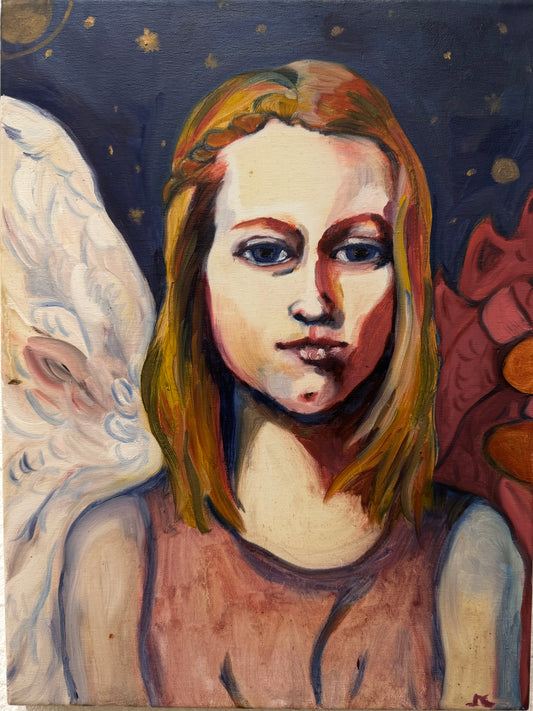 Original Öl-Malerei, Gemälde von Manja Morgenrot, Titel „Kleiner Engel“ – Porträt Malerei, Mädchen, Frau mit surrealen Elementen, Blauer Hintergrund, Rot, Weiß, Öl auf Leinwand, erhältlich bei What The Artist Made