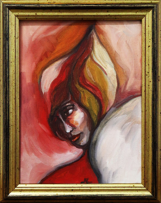 Original Öl-Malerei, Gemälde von Manja Morgenrot, Titel „New born“ – Nahansicht eines weiblichen Genitalbereichs, mit einem Kopf, der sich herausschiebt, warme Farben, Schwerpunkt rot und orange-gelb. Gerahmt in goldfarbenem Holzrahmen, Öl auf Leinwand, erhältlich bei Galerie Waldbach - What The Artist Made