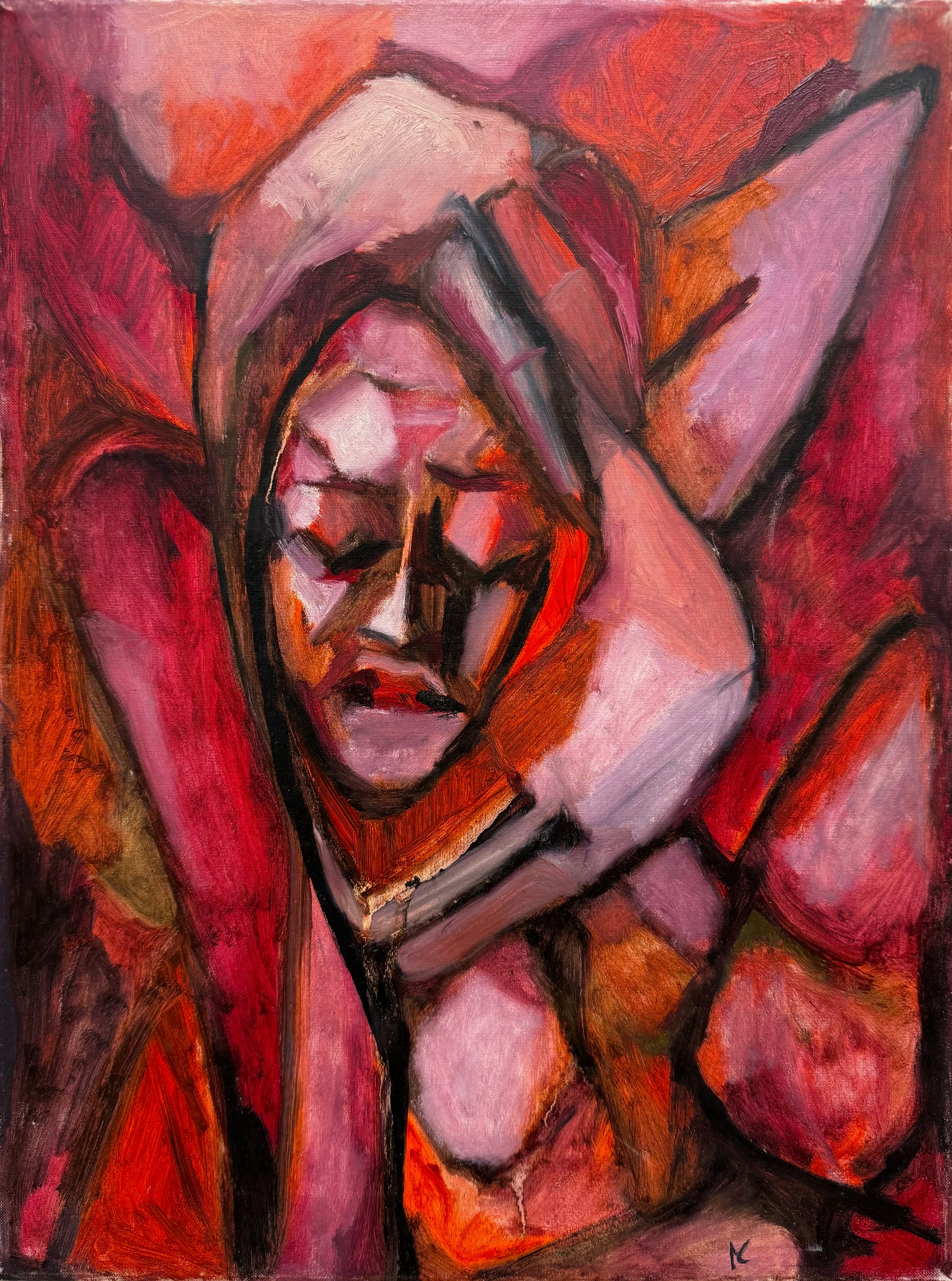 Original Öl-Malerei, Gemälde von Manja Morgenrot, Titel „Verschlungen“ – Porträt Malerei mit abstrakten Elementen, kubistisch in Rot, Öl auf Leinwand, erhältlich bei What The Artist Made