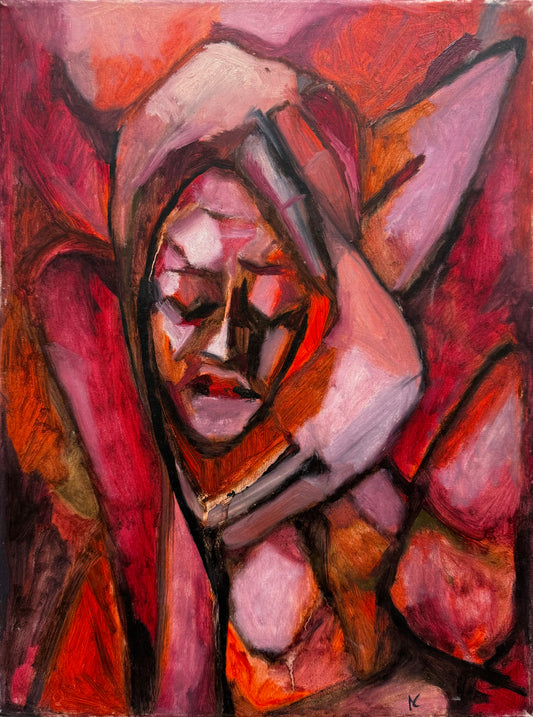 Original Öl-Malerei, Gemälde von Manja Morgenrot, Titel „Verschlungen“ – Porträt Malerei mit abstrakten Elementen, kubistisch in Rot, Öl auf Leinwand, erhältlich bei What The Artist Made
