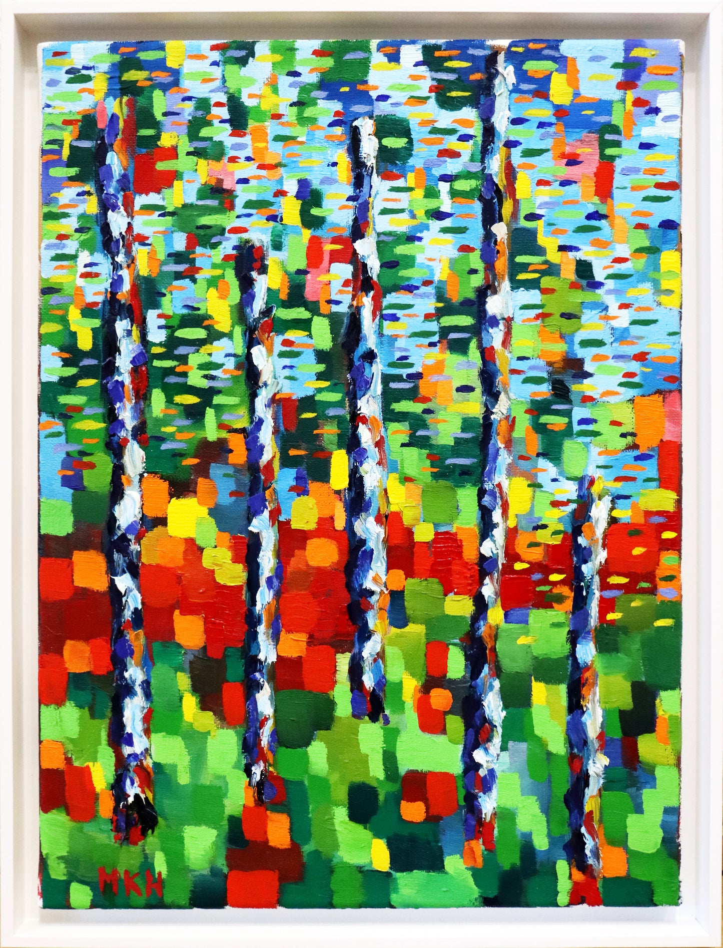 Original Öl-Malerei von Matthias Inselsberger, Titel „Birken III“ – impressionistisch-pointilistische Malerei, reduzierte Formen. Birkenstämme in angedeuteter Landschaft, in Primärfarben und Grün, Birkenstämme hauptsächlich indigo-weiß. Öl auf Leinwand, erhältlich bei Galerie Waldbach - What The Artist Made