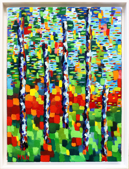 Original Öl-Malerei von Matthias Inselsberger, Titel „Birken III“ – impressionistisch-pointilistische Malerei, reduzierte Formen. Birkenstämme in angedeuteter Landschaft, in Primärfarben und Grün, Birkenstämme hauptsächlich indigo-weiß. Öl auf Leinwand, erhältlich bei Galerie Waldbach - What The Artist Made