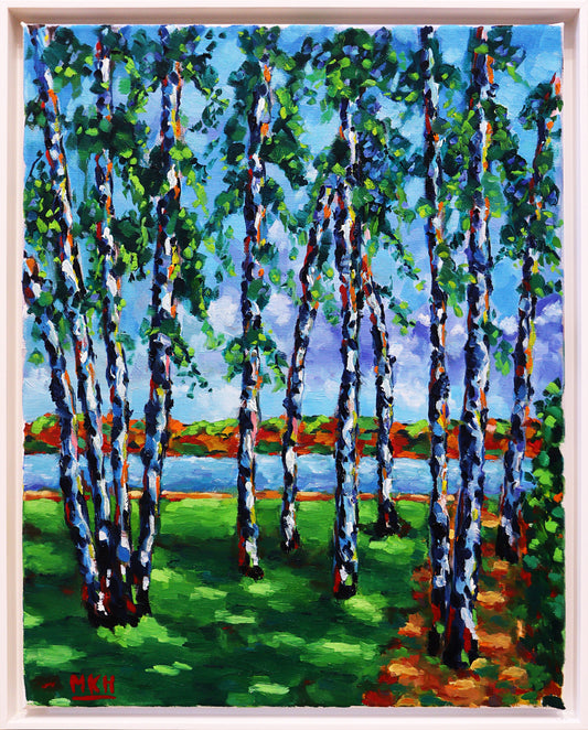 Original Öl-Malerei von Matthias Inselsberger, Titel „Birken Villa Liebermann“ – impressionistische Ansicht der Birken in der Villa Liebermann mit Sicht auf den Wannsee im Hintergrund - hauptsächlich in grün, blau und brauntönen. Öl auf Leinwand, erhältlich bei Galerie Waldbach - What The Artist Made