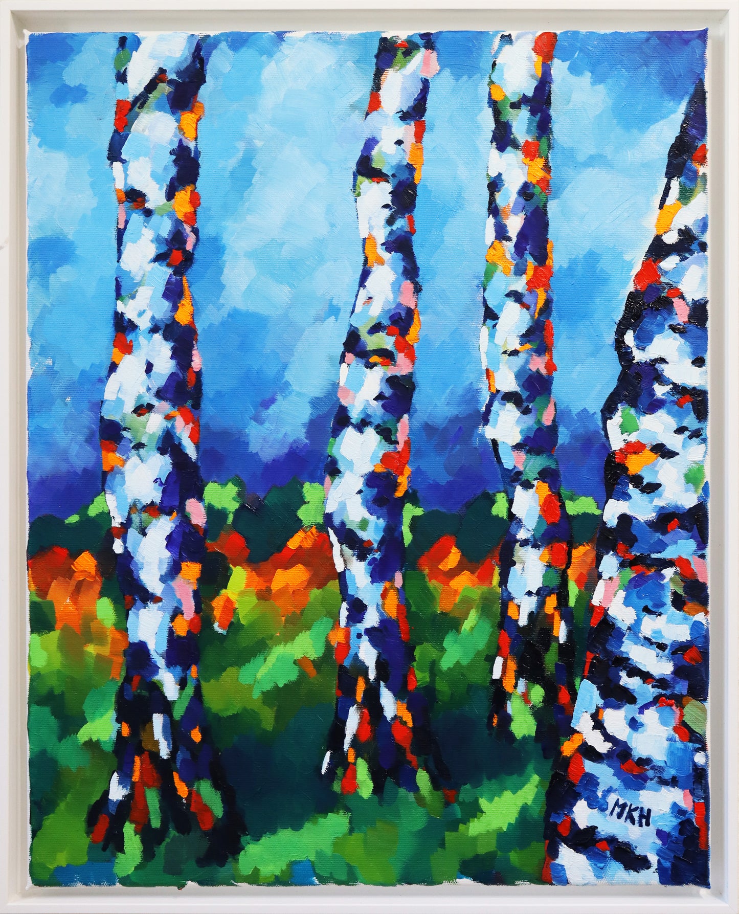 Original Öl-Malerei von Matthias Inselsberger, Titel „Birkenwald III“ – impressionistische Malerei, Gruppe aus vier Birkenstämmen, Öl auf Leinwand, erhältlich bei What The Artist Made