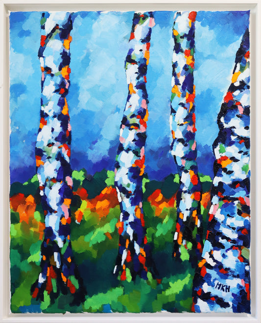 Original Öl-Malerei von Matthias Inselsberger, Titel „Birkenwald III“ – impressionistische Malerei, Gruppe aus vier Birkenstämmen, Öl auf Leinwand, erhältlich bei What The Artist Made