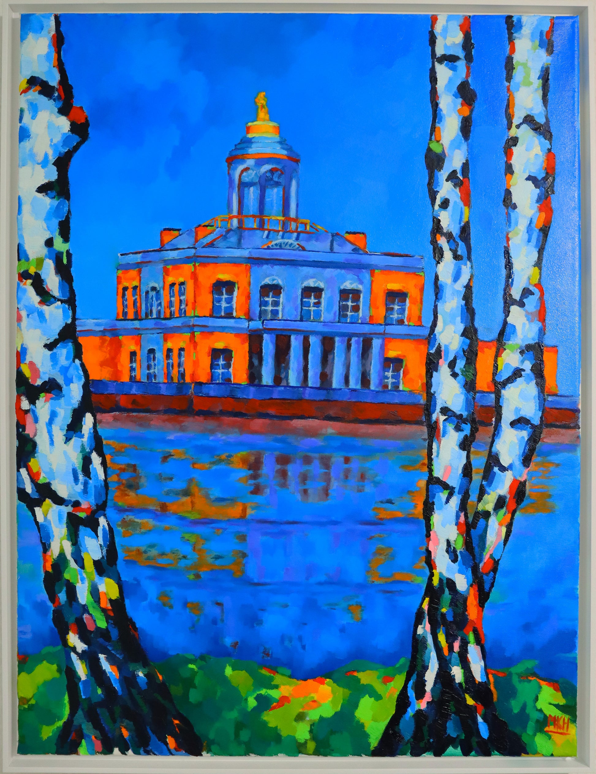 Original Öl-Malerei von Matthias Inselsberger, Titel „Marmorpalais – impressionistische Malerei, Blick auf den Marmorpalais über den Neuen See hinweg, 3 Birken rahmen den Blick ein, Schwerpunkt blau und orange, Öl auf Leinwand, erhältlich bei Galerie Waldbach - What The Artist Made