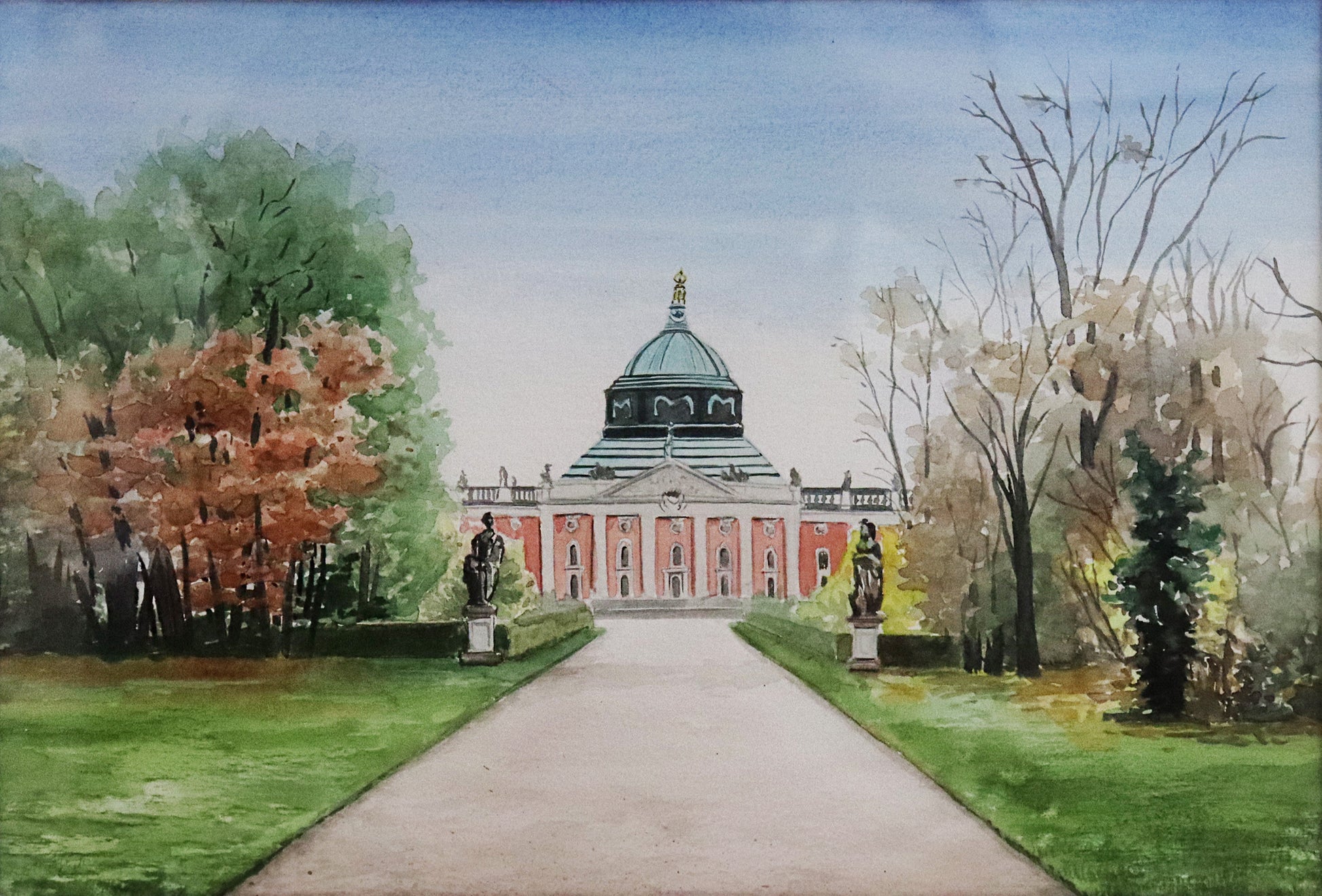 Original Aquarell-Malerei, Gemälde von Nadine Conrad, Titel „Neues Palais“ – Detailansicht des Gemäldes. Aquarell auf Papier, gerahmt und mit Passepartout,  erhältlich bei Galerie Waldbach - What The Artist Made