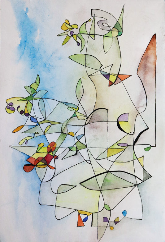 Original Grafik, Mixed Media von Peter Rogge, ohne Titel bzw. "37" – abstrakte Grafik/Mixed Media. Einstrichzeichnung (ohne den Stift abzusetzen) mit schwarzer Linie. Die daraus resultierenden Flächen wurden verschieden eingefärbt. Grüne, blaue, mehfarbige Färbung der Flächen mit Aquarell und ein blau-weißer Hintergrund. Erhältlich bei Galerie Waldbach - What The Artist Made