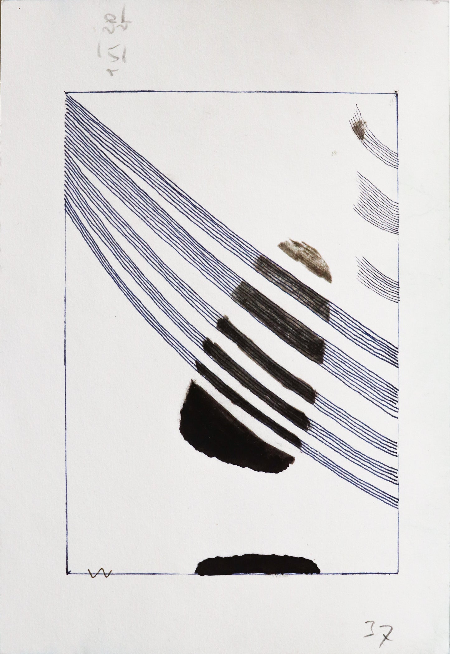 Original Grafik, Mixed Media von Peter Rogge, ohne Titel bzw. "37 – Rückseite des Papiers mit einer weiteren Grafik, eine schwarze Fläche, durchbrochen von links oben nach rechts unten verlaufenden parallelen Linien, darum ein begrenzender Rahmen. Erhältlich bei Galerie Waldbach - What The Artist Made