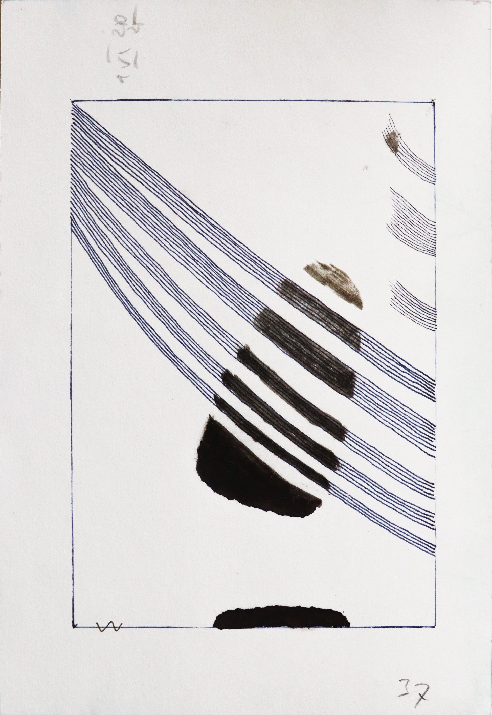 Original Grafik, Mixed Media von Peter Rogge, ohne Titel bzw. "37 – Rückseite des Papiers mit einer weiteren Grafik, eine schwarze Fläche, durchbrochen von links oben nach rechts unten verlaufenden parallelen Linien, darum ein begrenzender Rahmen. Erhältlich bei Galerie Waldbach - What The Artist Made