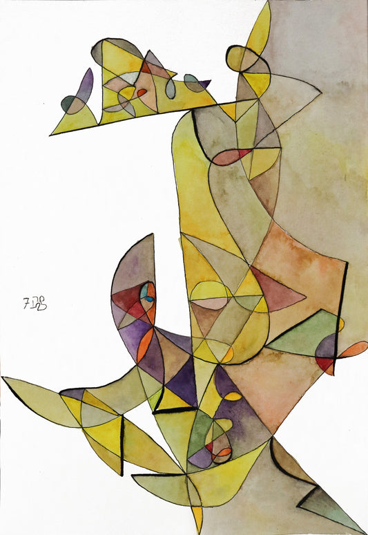 Original Grafik, Mixed Media von Peter Rogge, ohne Titel bzw. "48" – abstrakte Grafik/Mixed Media. Einstrichzeichnung (ohne den Stift abzusetzen) mit schwarzer Linie. Die daraus resultierenden Flächen wurden verschieden mit Aquarell eingefärbt. gelb-braun-rote-grüne Färbung der Flächen. Erhältlich bei Galerie Waldbach - What The Artist Made