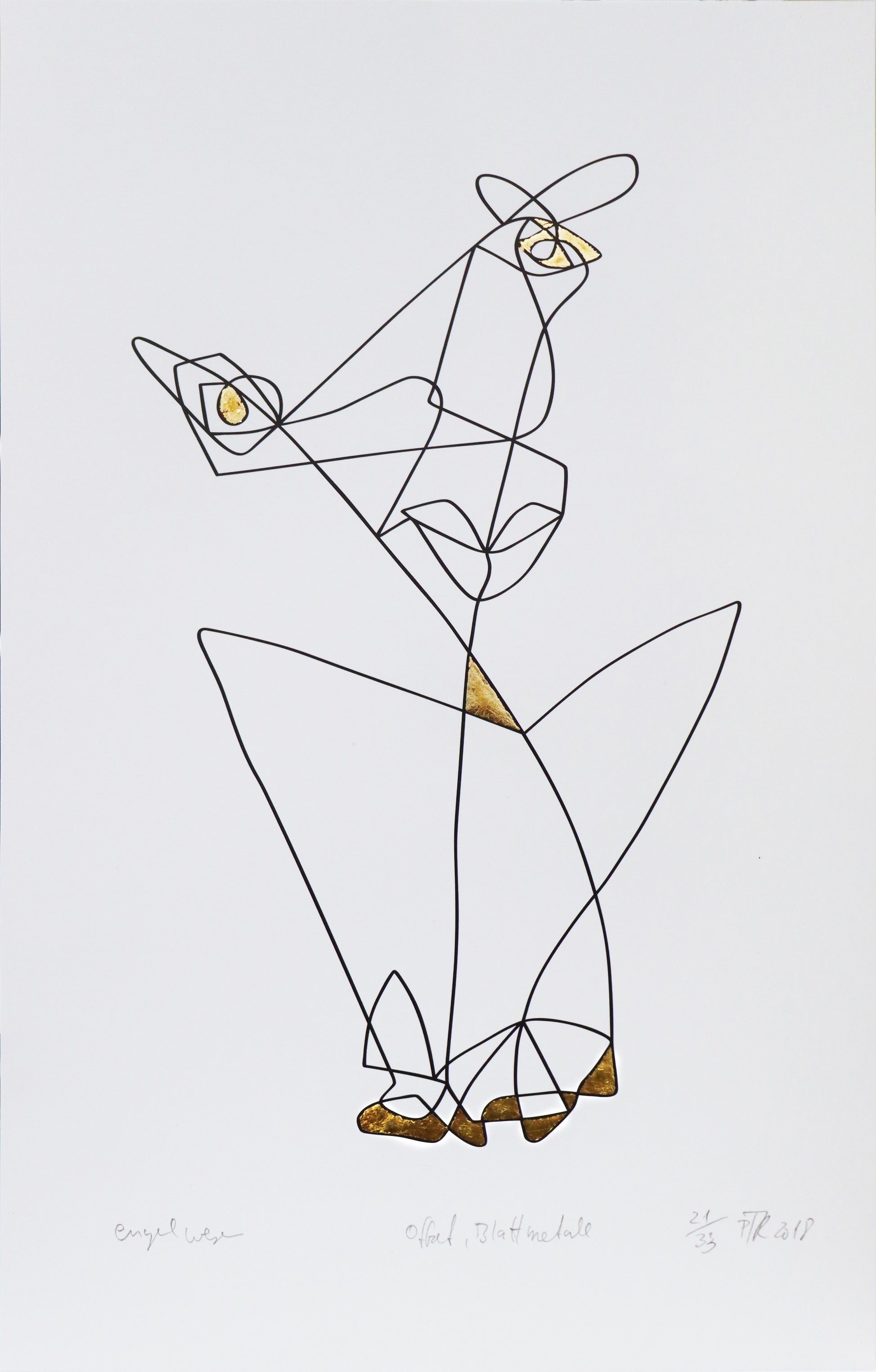 Original Grafik, Mixed Media von Peter Rogge, Titel „Engelwesen“ – schwarze Linien auf weißem Papier - abstrakte Darstellung eines Gesichtes/Figur in Einstrichzeichnung (ohne den Stift abzusetzen). Bei den daraus resultierenden Flächen wurde vereinzelt Blattmetall, Blattgold eingearbeitet. Erhältlich bei Galerie Waldbach - What The Artist Made