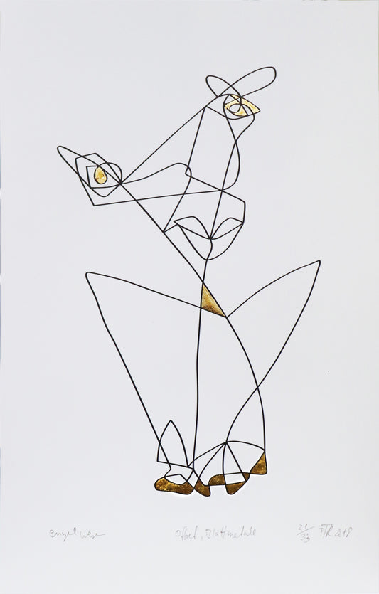 Original Grafik, Mixed Media von Peter Rogge, Titel „Engelwesen“ – schwarze Linien auf weißem Papier - abstrakte Darstellung eines Gesichtes/Figur in Einstrichzeichnung (ohne den Stift abzusetzen). Bei den daraus resultierenden Flächen wurde vereinzelt Blattmetall, Blattgold eingearbeitet. Erhältlich bei Galerie Waldbach - What The Artist Made