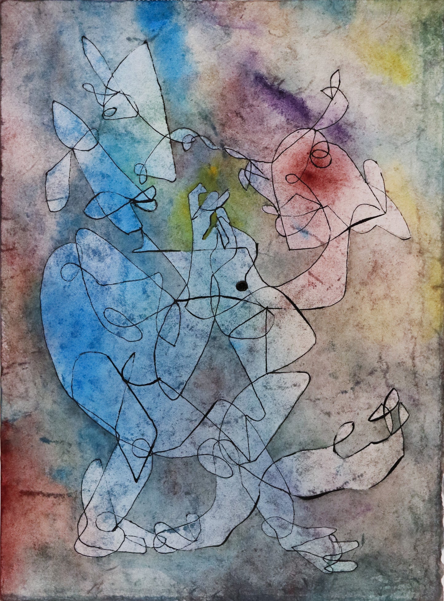 Original Grafik, Mixed Media von Peter Rogge, ohne Titel – abstrakte Grafik/Mixed Media. Einstrichzeichnung (ohne den Stift abzusetzen) mit schwarzer Linie. Die daraus resultierenden Flächen wurden verschieden eingefärbt. Graue, blaue, rote Texturierung mit Aquarell, die Einstrichzeichnung hebt sich durch blassere Farben vom gefärbten Hintergrund ab. Erhältlich bei Galerie Waldbach - What The Artist Made