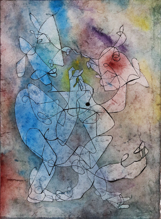 Original Grafik, Mixed Media von Peter Rogge, ohne Titel – abstrakte Grafik/Mixed Media. Einstrichzeichnung (ohne den Stift abzusetzen) mit schwarzer Linie. Die daraus resultierenden Flächen wurden verschieden eingefärbt. Graue, blaue, rote Texturierung mit Aquarell, die Einstrichzeichnung hebt sich durch blassere Farben vom gefärbten Hintergrund ab. Erhältlich bei Galerie Waldbach - What The Artist Made