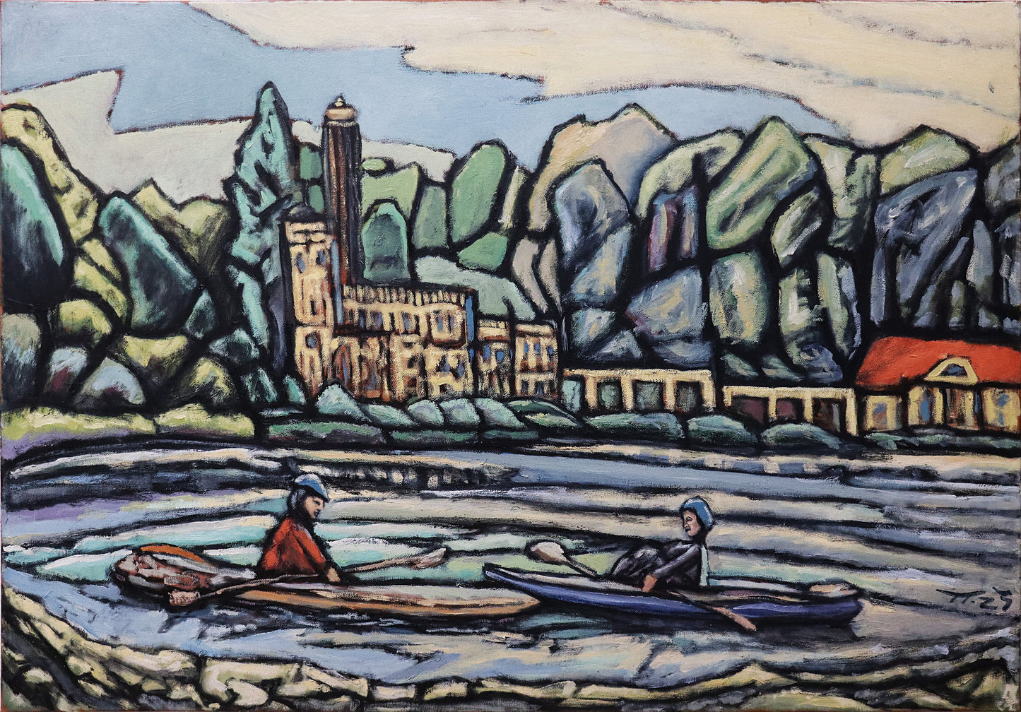 Original Öl-Malerei, Gemälde von Thomas Tamm, Titel "Ruderer an der Meierei", Blick auf die Meierei in Potsdam am Ufer des Jungfernsees. Im Vordergrund zwei Personen in Kajaks sitzend. Dahinter am hinteren Ufer die Meierei und Parklandschaft. Darstellung impressionistisch, pastellige Farben in Grün, Ocker, Blau und Weiß, Akzente in Rotorange. Öl auf Leinwand, erhältlich bei Galerie Waldbach - What The Artist Made