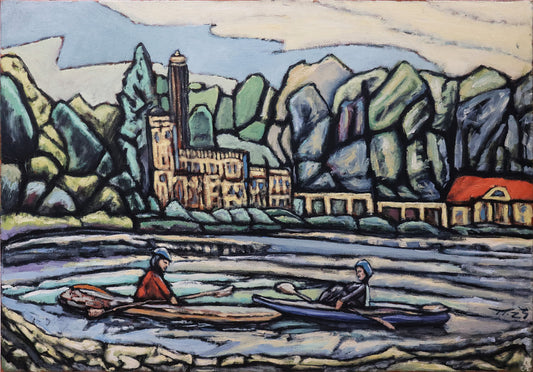 Original Öl-Malerei, Gemälde von Thomas Tamm, Titel "Ruderer an der Meierei", Blick auf die Meierei in Potsdam am Ufer des Jungfernsees. Im Vordergrund zwei Personen in Kajaks sitzend. Dahinter am hinteren Ufer die Meierei und Parklandschaft. Darstellung impressionistisch, pastellige Farben in Grün, Ocker, Blau und Weiß, Akzente in Rotorange. Öl auf Leinwand, erhältlich bei Galerie Waldbach - What The Artist Made