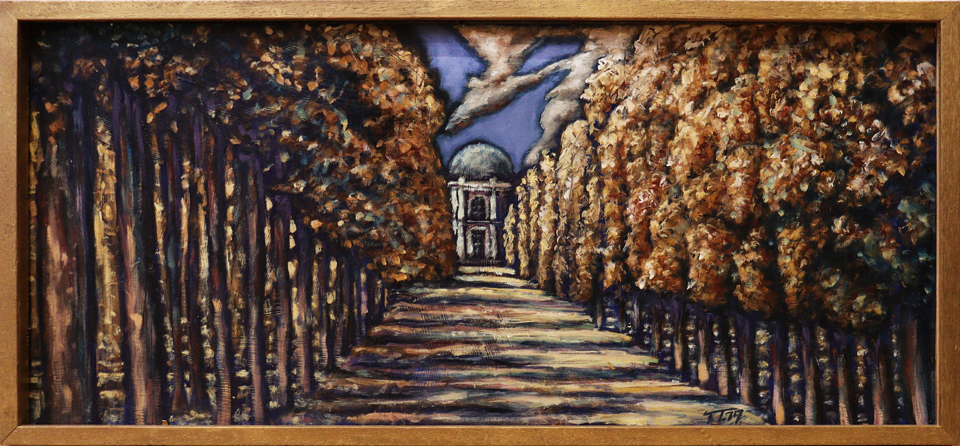 Original Öl-Malerei, Gemälde von Thomas Tamm, ohne Titel, Blick auf das Belvedere auf dem Klausberg im Sanssouci Park. Im Vordergrund Baumalle, deren Sichtachsen auf das Belvedere im Hintergrund zu führen, ein Ausschnitt vom Himmel mit Wolken sichtbar. Darstellung impressionistisch, gedeckte Farben in Braun, Ocker, Blau und Weiß. Öl auf Leinwand, erhältlich bei Galerie Waldbach - What The Artist Made