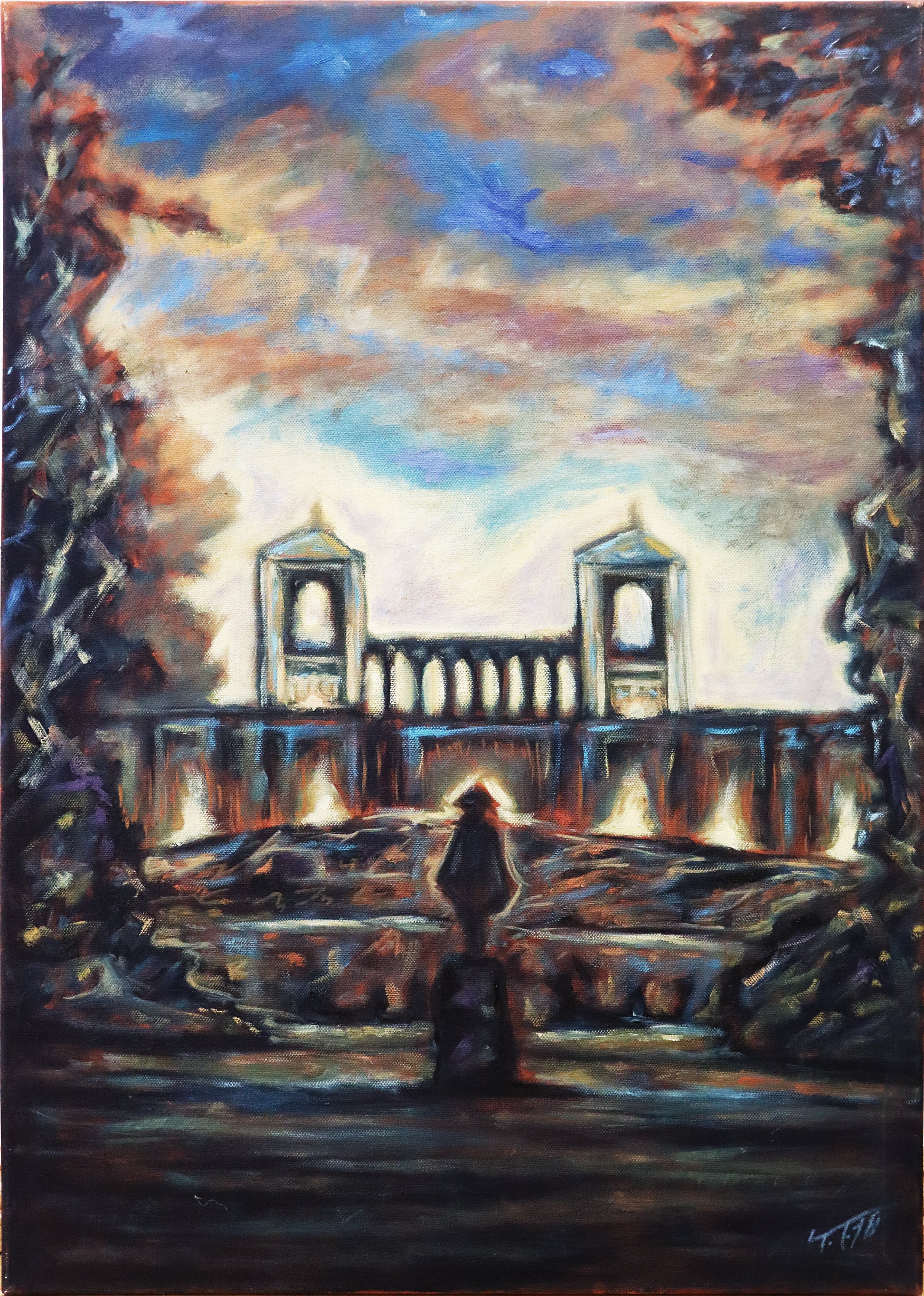 Original Öl-Malerei, Gemälde von Thomas Tamm, ohne Titel, Blick auf das Belvedere auf dem Pfingstberg in Potsdam. Im Vordergrund Silhouette auf einem Sockel von vermutlich Friedrich dem Großen. Dahinter Blick auf das Schloss, umrahmt von Bäumen am Bildrand. Freie Sicht auf Wolken am Himmel, leuchtend. Darstellung impressionistisch, gedeckte Farben in Braun, Ocker, Blau und Weiß. Öl auf Leinwand, erhältlich bei Galerie Waldbach - What The Artist Made