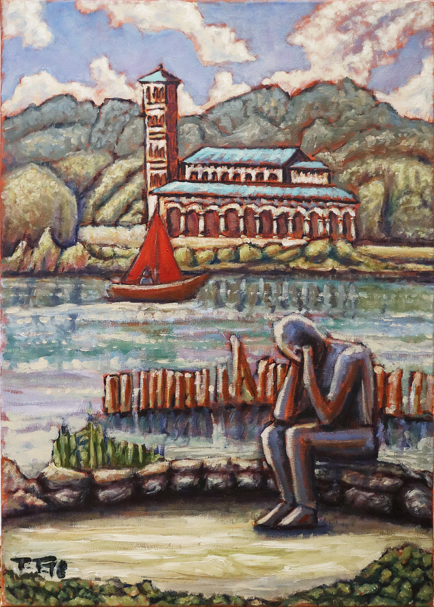 Original Öl-Malerei, Gemälde von Thomas Tamm, ohne Titel, Blick auf die Heilandskirche Sacrow in Potsdam am Ufer der Havel. Im Vordergrund sitzt eine Person auf einer Mauer, das Gesicht in die Hände gelegt, gestützt. Dahinter die Havel mit rotem Segelboot. Im Hintergrund die Kirche mit Parklandschaft. Darstellung impressionistisch, gedeckte Farben in Braun, Ocker, Blau, Grün und Weiß. Öl auf Leinwand, erhältlich bei Galerie Waldbach - What The Artist Made