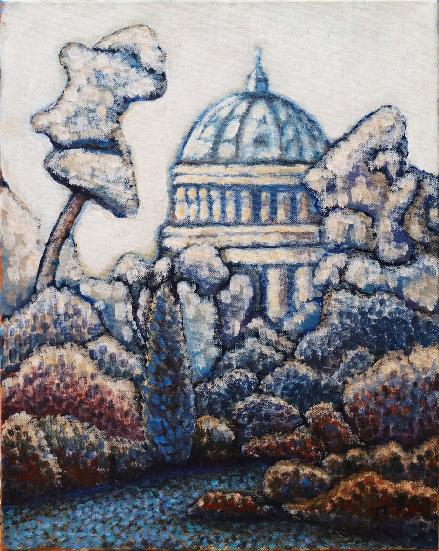 Original Öl-Malerei, Gemälde von Thomas Tamm, ohne Titel, Darstellung der Nikolaikirche im Hintergrund, im Vordergrund Parklandschaft. Darstellung impressionistisch, pointilistisch, gedeckte Farben und weiß. Öl auf Leinwand, erhältlich bei Galerie Waldbach - What The Artist Made