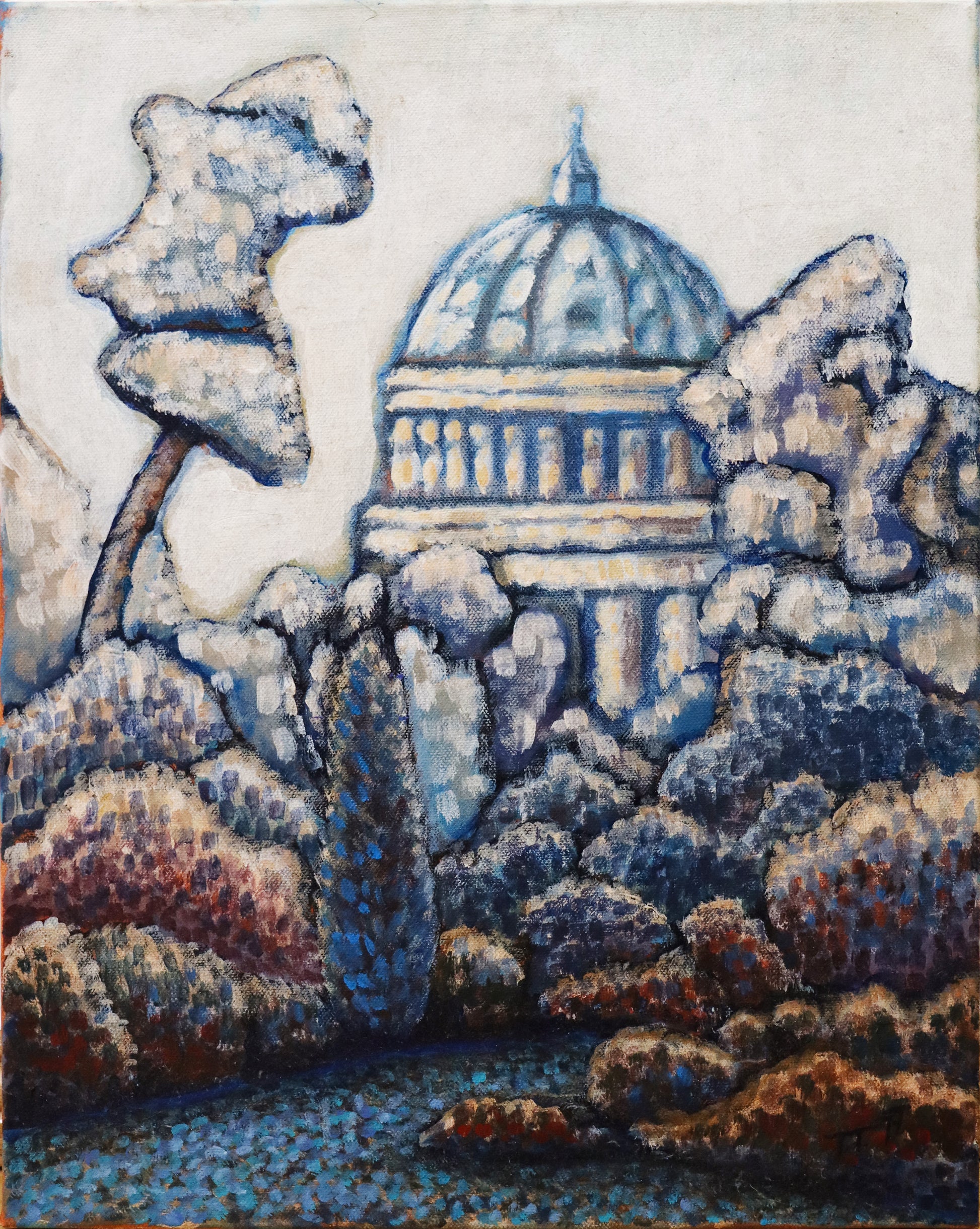 Original Öl-Malerei, Gemälde von Thomas Tamm, ohne Titel, Darstellung der Nikolaikirche im Hintergrund, im Vordergrund Parklandschaft. Darstellung impressionistisch, pointilistisch, gedeckte Farben und weiß. Öl auf Leinwand, erhältlich bei Galerie Waldbach - What The Artist Made