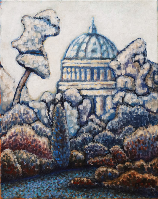 Original Öl-Malerei, Gemälde von Thomas Tamm, ohne Titel, Darstellung der Nikolaikirche im Hintergrund, im Vordergrund Parklandschaft. Darstellung impressionistisch, pointilistisch, gedeckte Farben und weiß. Öl auf Leinwand, erhältlich bei Galerie Waldbach - What The Artist Made