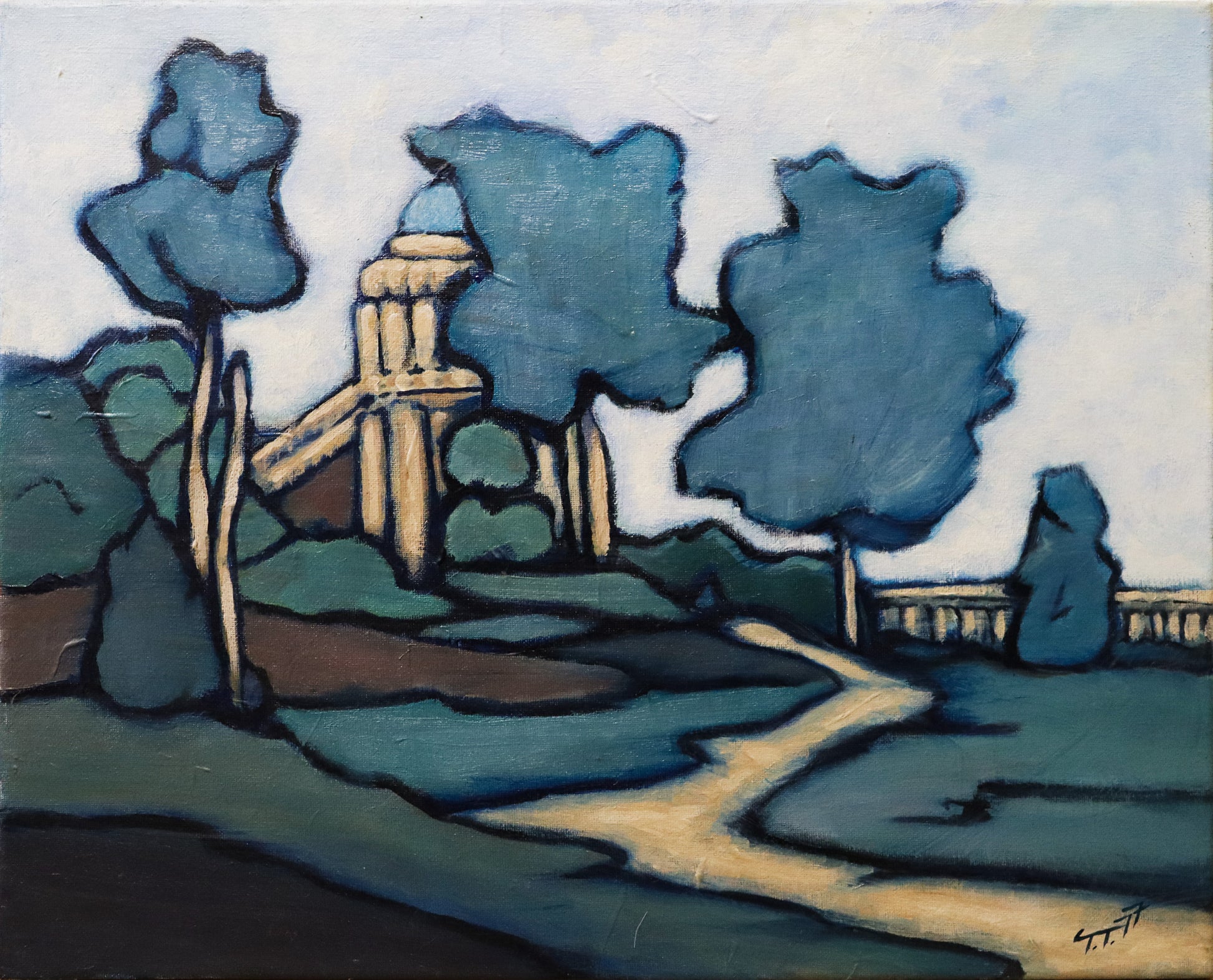 Original Öl-Malerei, Gemälde von Thomas Tamm, ohne Titel, Darstellung einer Parklandschaft, abstrahiert, expressiv. Sanssouci-Park mit Bäumen. Öl auf Leinwand, erhältlich bei Galerie Waldbach - What The Artist Made