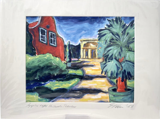 Druck, handsigniert von Ute Manoloudakis, Titel „Ägypten trifft Holland in Potsdam“ – impressionistischer Blick zum Holländischen Etablissement und Tempel, Palmen im Vordergrund, Parklandschaft . Potsdam, historische Architektur. Im Passepartout - erhältlich bei What The Artist Made 