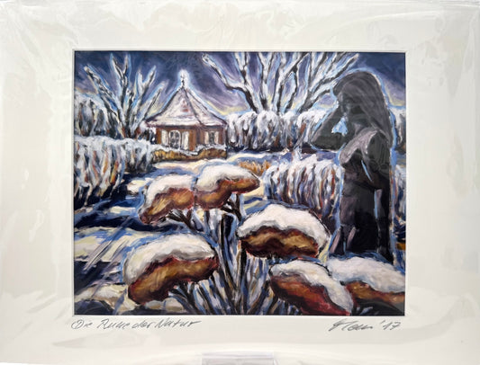 Druck, handsigniert von Ute Manoloudakis, Titel „Die Ruhe der Natur“ – impressionistischer winterlicher Blick auf Parklandschaft, Statue und Pflanzen im Vordergrund, verschneite Parklandschaft . Potsdam, historische Architektur. Im Passepartout - erhältlich bei What The Artist Made 