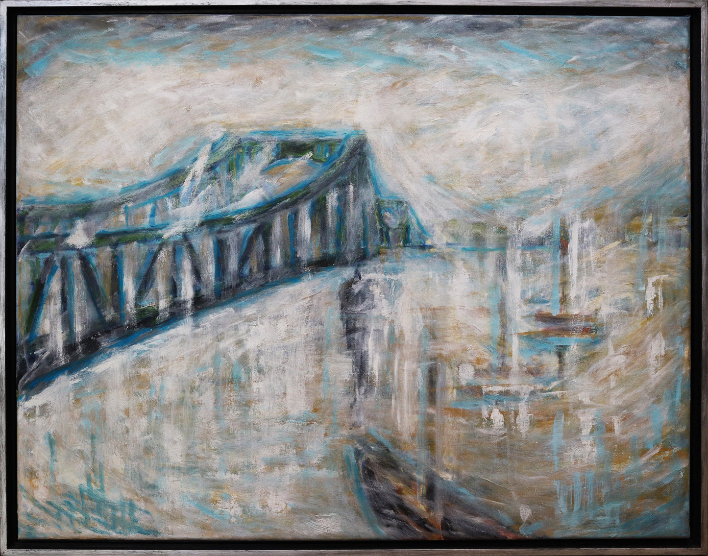 Original Öl-Malerei, Gemälde von Ute Manoloudakis, Titel „Impression - Glienicker Brücke“ – Blick zur Glienicker Brücke, expressive Darstellung in Blau und weiß. Die Brücke nimmt den Großteil des Bildes ein, mit Tiefenperspektive, Potsdam Architektur, historisch, Öl auf Leinwand, gerahmt im silbernen Schattenfugenrahmen, erhältlich bei Galerie Waldbach - What The Artist Made