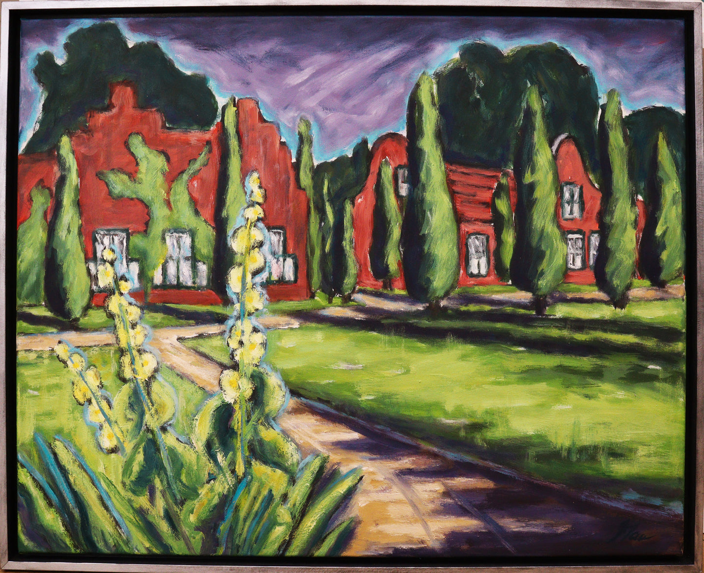 Original Öl-Malerei, Gemälde von Ute Manoloudakis, Titel „Neuer Garten im Sommer“ – Blick zu den Häusern des Holländischen Etablissements mit Park im Vordergrund, Baumallee und Blumen. Potsdam Architektur, historisch, Öl auf Leinwand, gerahmt im silbernen Schattenfugenrahmen, erhältlich bei Galerie Waldbach - What The Artist Made