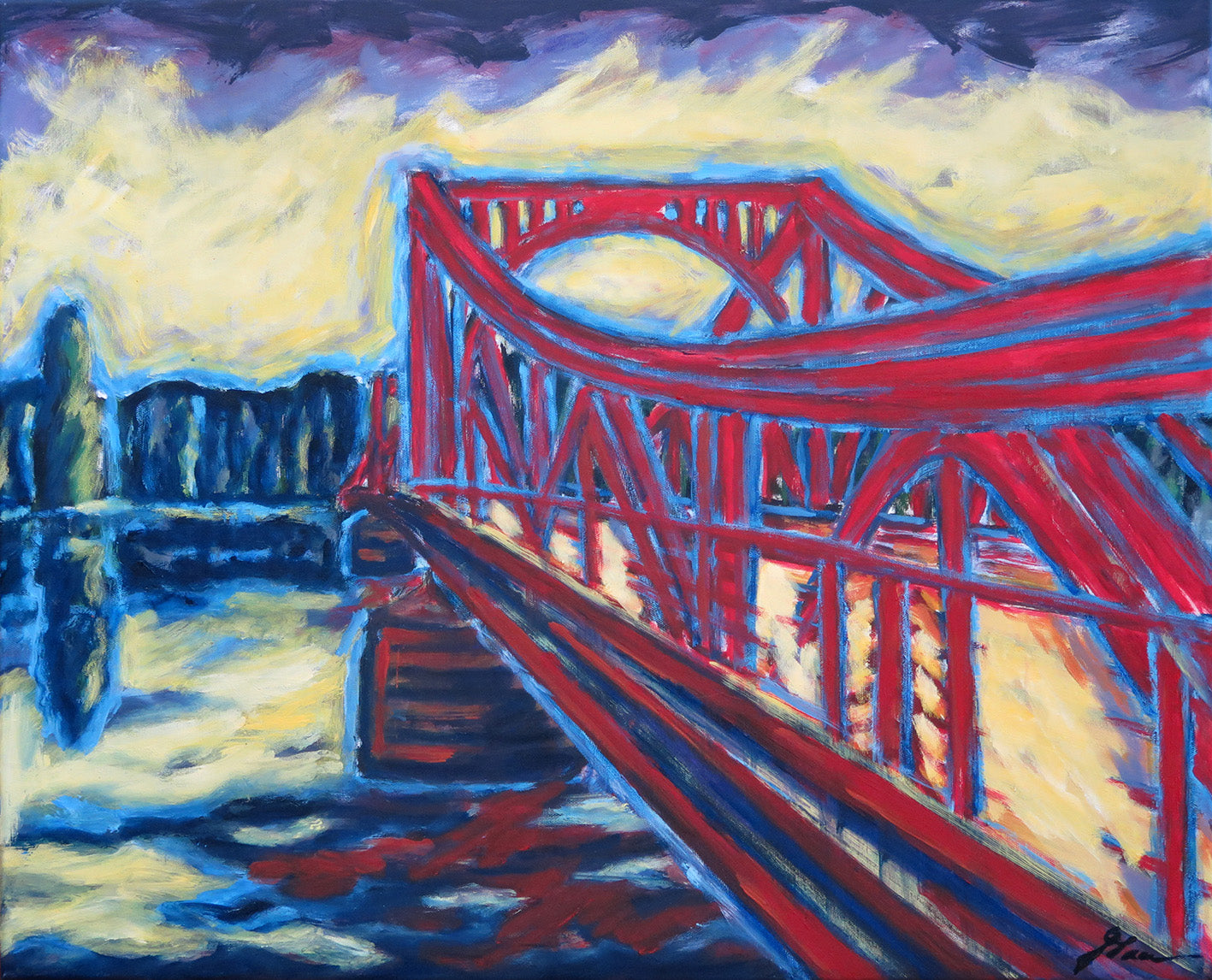 Original Öl-Malerei, Gemälde von Ute Manoloudakis, Titel „Rote Brücke“ – Blick zur Glienicker Brücke in roten Farben, mit hellblauen Konturen, gelb und violetter Himmel. Links im Bild Blick zum Wasser, im Hintergrund Parklandschaft. Impressionistische Malweise. Potsdam Architektur, historisch, Öl auf Leinwand, signiert, erhältlich bei Galerie Waldbach - What The Artist Made