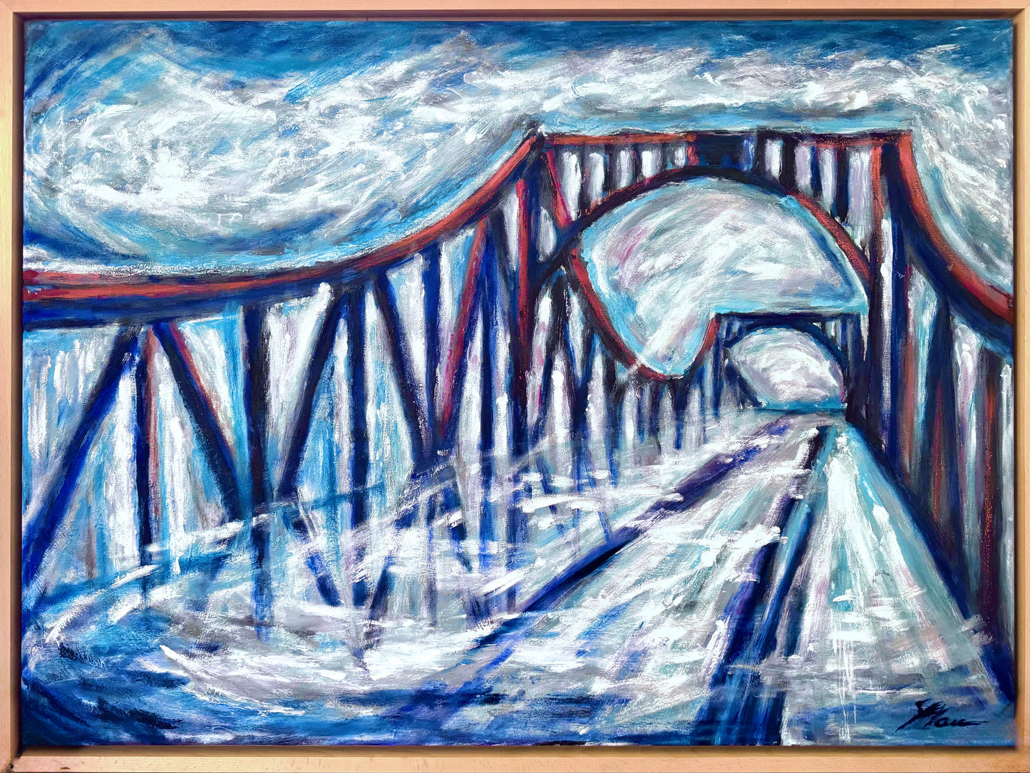 Original Öl-Malerei, Gemälde von Ute Manoloudakis, Titel „Tanz der Freiheit“ – Blick auf die Glienicker Brücke, mit Tiefenperspektive. Hintergrund aufgelöst in weiß-blauer Fläche, Brücke zieht sich vom Vordergrund in den Hintergrund in Blau und Rot, weiße Pinselspuren. Impressionistische Malweise. Potsdam Architektur, historisch, Öl auf Leinwand, signiert, erhältlich bei Galerie Waldbach - What The Artist Made