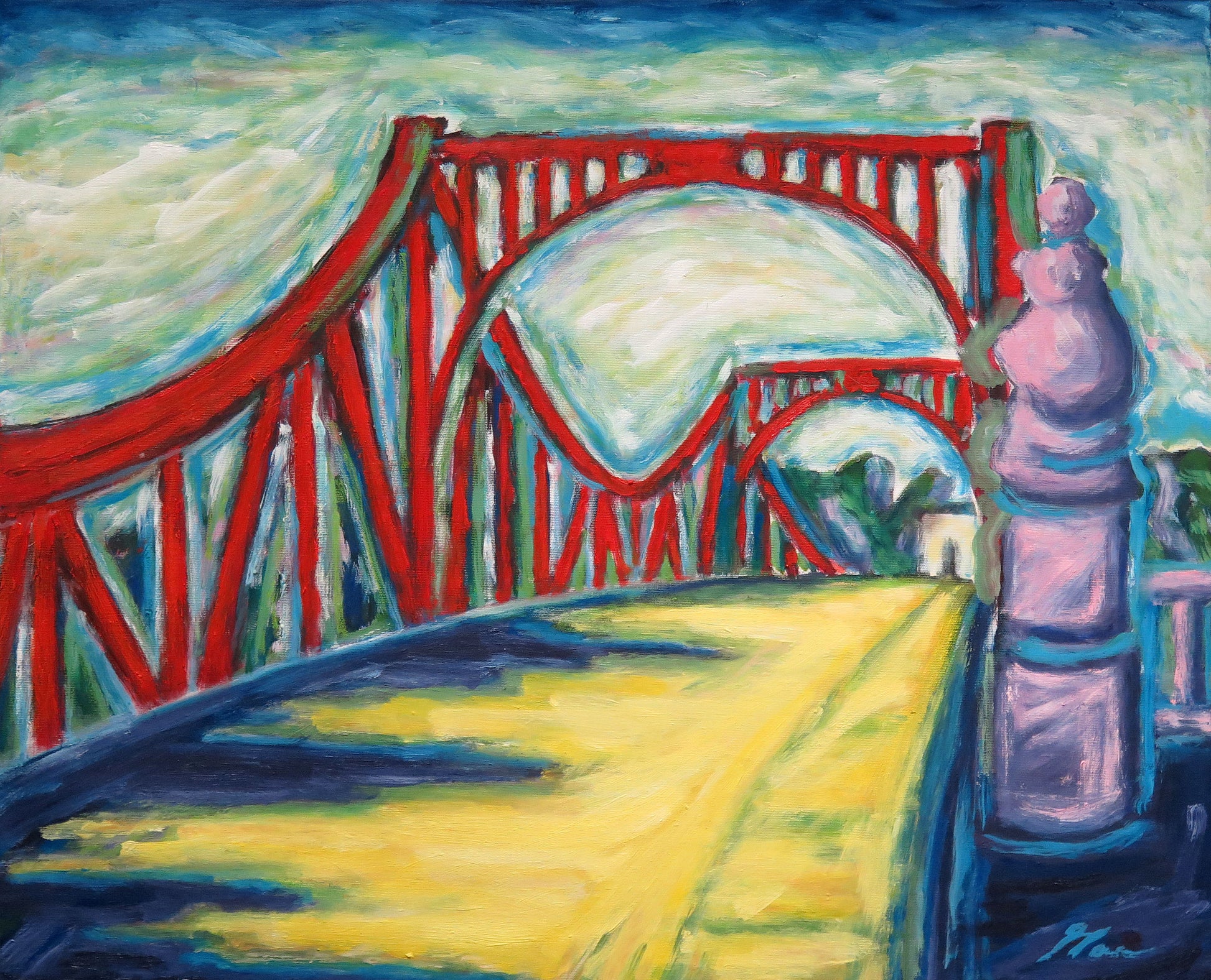 Original Öl-Malerei, Gemälde von Ute Manoloudakis, Titel „Verschmelzung“ – auf der Glienicker Brücke stehend, Blick auf die Straße der Brücke. Brücke in roten Farben, mit hellblauen Konturen, grünlich-weißer Himmel. Schwerpunkt ist die in gelben Farben gemalte Straße der Brücke. Rechts am Rand Wasser angedeutet, im Hintergrund Parklandschaft. Impressionistische Malweise. Potsdam Architektur, historisch, Öl auf Leinwand, signiert, erhältlich bei Galerie Waldbach - What The Artist Made
