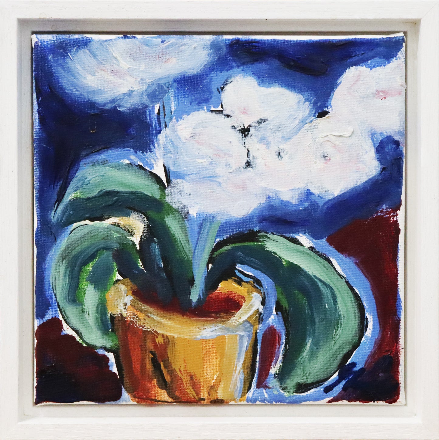 Original Öl-Malerei, Gemälde von Ute Manoloudakis, ohne Titel, Impressionistische Malweise. Darstellung einer blühenden Pflanze, im Topf, auf quadratischer Leinwand gemalt. Weiße Blüten, dunkler ultramarinblauer Hintergrund. Öl auf Leinwand, signiert, gerahmt in weißem Schattenfugenrahmen aus Holz, erhältlich bei Galerie Waldbach - What The Artist Made