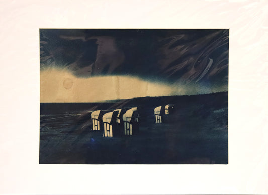 Original Cyanotypie Fotografie, von Uwe Paul Schulze, Titel „Warnemünde“ – Ansicht von Strandkörben am Strand, Cyanotypie auf Papier, in Schutzhülle, erhältlich bei What The Artist Made