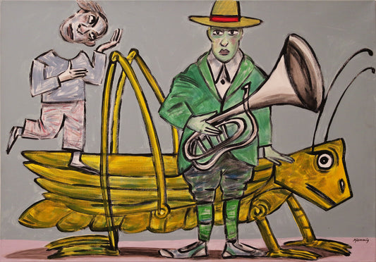 Original Acrylmalerei von Wolf-Dieter-Pfennig, Titel „Sanssouci“   – expressive Darstellung eines Mannes mit Tenorhorn in der Hand, die andere Hand liegt auf einer riesigen Heuschrecke. Dahinter auf der Heurschrecke stehend eine weitere Person, die ihren Kopf jongliert. Hintergrund in graugrün, Heuschrecke in gelb. Acryl  auf Leinwand, signiert, erhältlich bei Galerie Waldbach, What the Artist Made