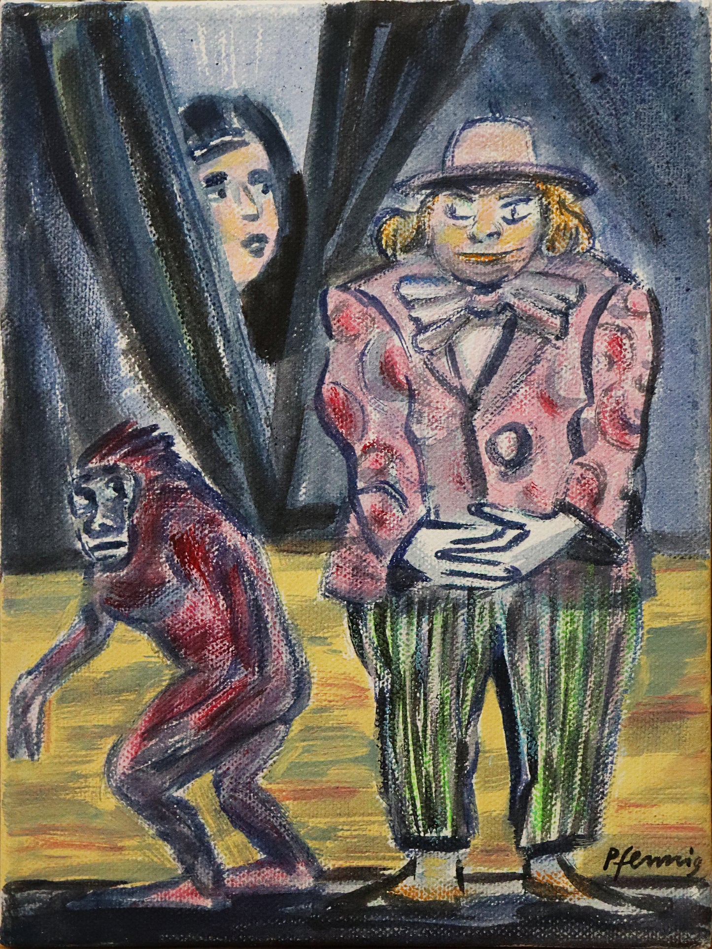 Original Acrylmalerei von Wolf-Dieter-Pfennig, Titel „Gleich ist es soweit“   – expressive Darstellung einer Person im Anzug, mit blonden Haaren, auf einer Bühne stehend. Er schaut neben sich auf einen Affen, der ihn wiederum anblickt. Hinter beiden ist ein Bühnenvorhang, der leicht geöffnet ist und der Kopf einer Frau, die rausschaut, ist sichtbar. Acryl  auf Leinwand, signiert, erhältlich bei Galerie Waldbach, What the Artist Made