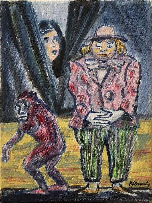 Original Acrylmalerei von Wolf-Dieter-Pfennig, Titel „Gleich ist es soweit“   – expressive Darstellung einer Person im Anzug, mit blonden Haaren, auf einer Bühne stehend. Er schaut neben sich auf einen Affen, der ihn wiederum anblickt. Hinter beiden ist ein Bühnenvorhang, der leicht geöffnet ist und der Kopf einer Frau, die rausschaut, ist sichtbar. Acryl  auf Leinwand, signiert, erhältlich bei Galerie Waldbach, What the Artist Made
