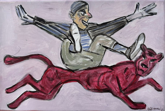 Original Acryl-Malerei, Gemälde von Wolf-Dieter-Pfennig, Titel „Auf Ruhe wartend mit dem Kopf durch den Himmel“ – expressive Darstellung eines Mannes auf rotem Jaguar, Löwen reitend, Acryl auf Leinwand, erhältlich bei What The Artist Made