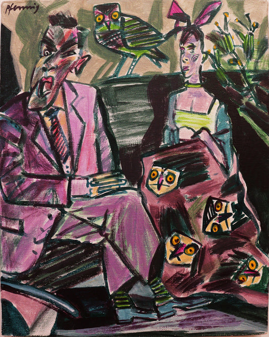 Original Acryl-Malerei, Gemälde von Wolf-Dieter-Pfennig, expressive Darstellung eines Mannes im Anzug und einer Frau im Kleid, beide sitzend. Hinter den beiden ein Vogel und auf dem Kleid der Frau Vogelgesichter. Abstrakter Hintergrund - Acryl auf Leinwand, erhältlich bei Galerie Waldbach -  What The Artist Made