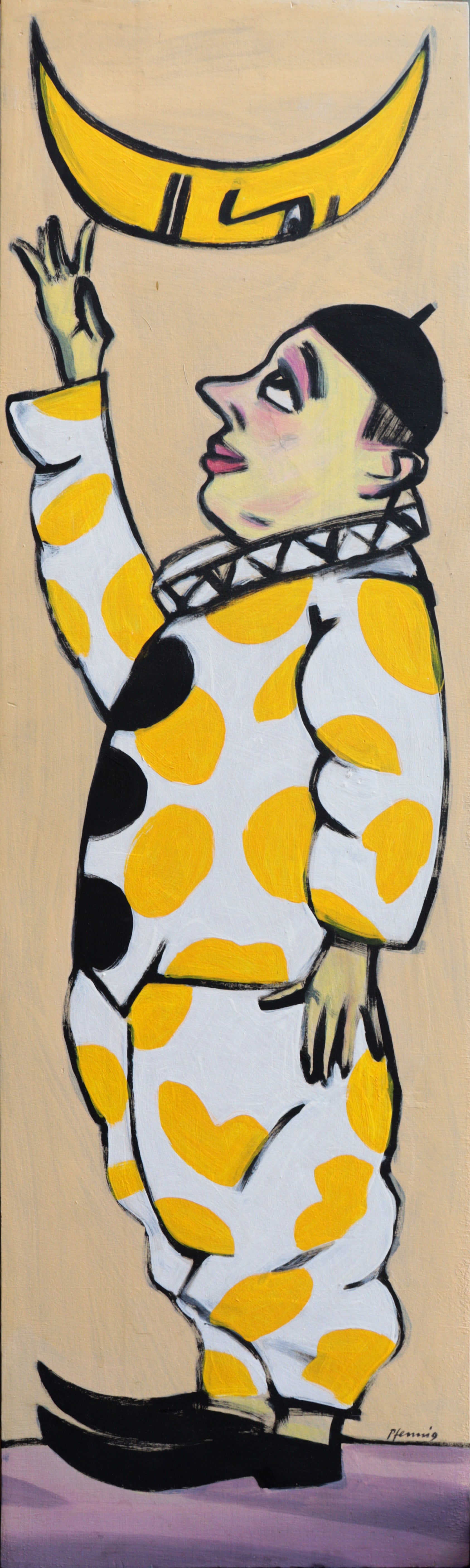 Original Acryl-Malerei, Gemälde von Wolf-Dieter-Pfennig, Titel „Der Clown“ – expressive Darstellung einer Figur in weißem, gelbgepunkteten Kostüm, die Hand zu einem Sichelmond mit Gesicht streckend. Acryl auf Leinwand, erhältlich bei Galerie Waldbach - What The Artist Made