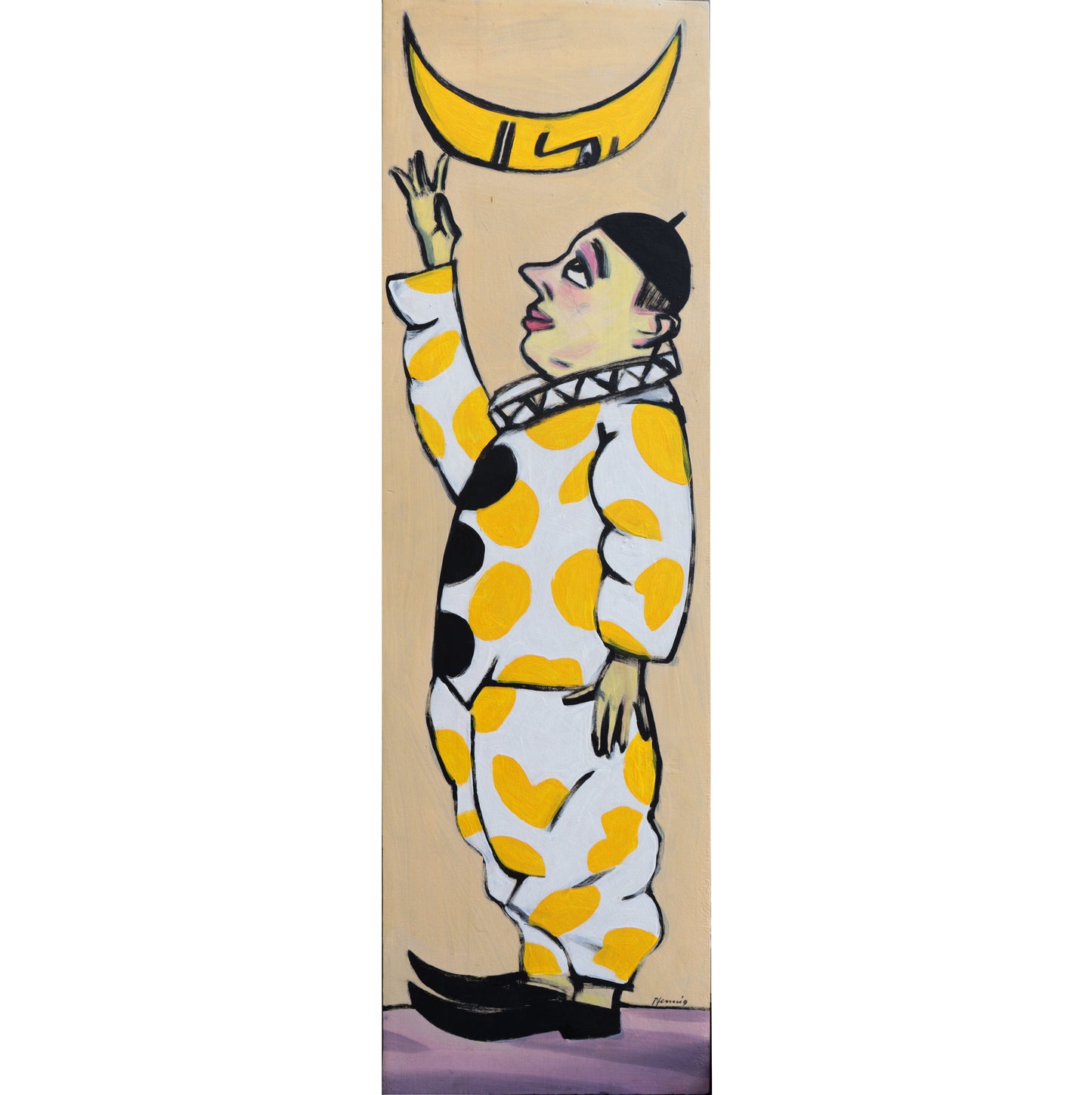Original Acryl-Malerei, Gemälde von Wolf-Dieter-Pfennig, Titel „Der Clown“ – expressive Darstellung einer Figur in weißem, gelbgepunkteten Kostüm, die Hand zu einem Sichelmond mit Gesicht streckend. Acryl auf Leinwand, erhältlich bei Galerie Waldbach- What The Artist Made