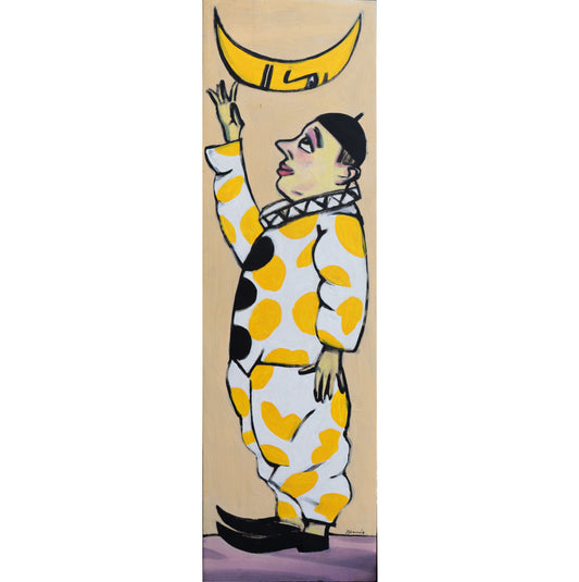 Original Acryl-Malerei, Gemälde von Wolf-Dieter-Pfennig, Titel „Der Clown“ – expressive Darstellung einer Figur in weißem, gelbgepunkteten Kostüm, die Hand zu einem Sichelmond mit Gesicht streckend. Acryl auf Leinwand, erhältlich bei Galerie Waldbach- What The Artist Made