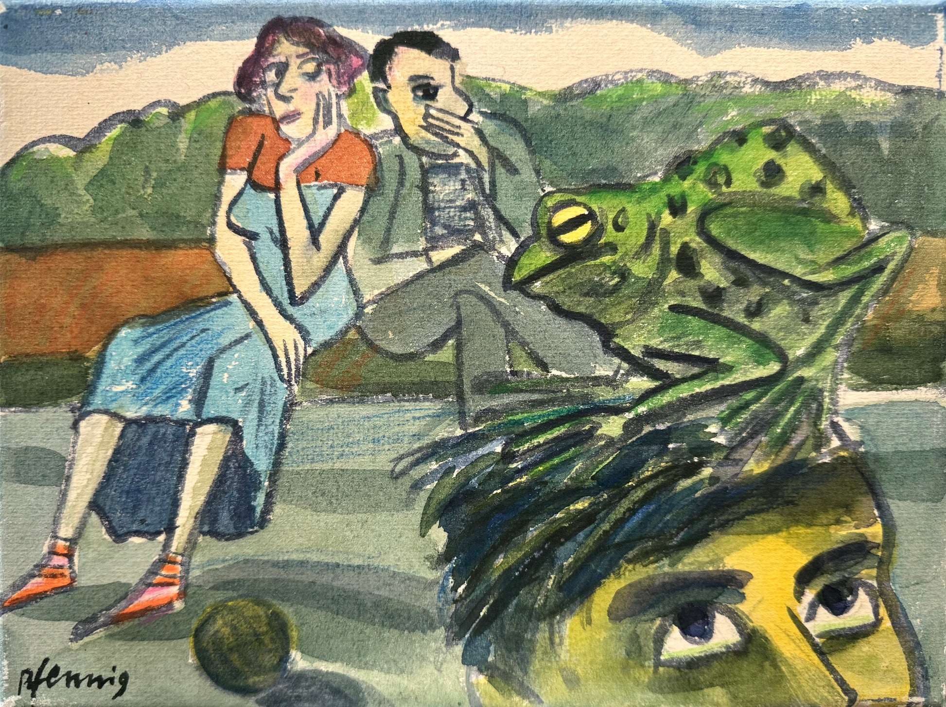 Original Acryl-Malerei, Gemälde von Wolf-Dieter-Pfennig, Titel „Der Frosch denkt nach“ – expressive Darstellung: im Vordergrund Kopf eines Mannes mit Frosch darauf. Dahinter Frau und Mann sitzend, nachdenklich wirkend -  Andeutung einer Landschaft im Hintergrund - Acryl auf Leinwand, erhältlich bei What The Artist Made