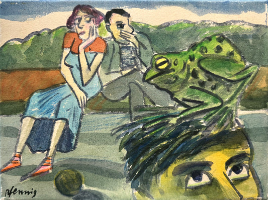 Original Acryl-Malerei, Gemälde von Wolf-Dieter-Pfennig, Titel „Der Frosch denkt nach“ – expressive Darstellung: im Vordergrund Kopf eines Mannes mit Frosch darauf. Dahinter Frau und Mann sitzend, nachdenklich wirkend -  Andeutung einer Landschaft im Hintergrund - Acryl auf Leinwand, erhältlich bei What The Artist Made