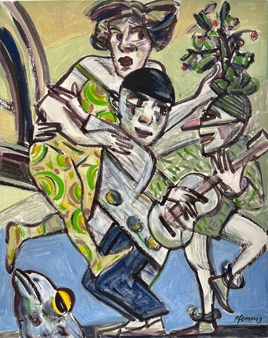 Original Acryl-Malerei, Gemälde von Wolf-Dieter-Pfennig, Titel „Der Plauzen Gesang“ – expressive Darstellung einer Gruppe von drei Darstellern, mit Gitarre und Tanz, geschminkt und in Kostüm, kubistischer Hintergrund, Acryl auf Leinwand, erhältlich bei What The Artist Made